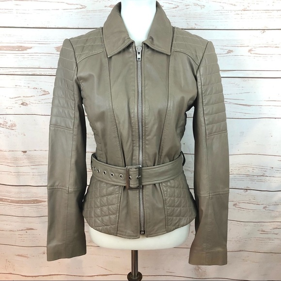 Vintage Cache Taupe Quilted Genuine Leather Beige Belted Moto Jacket - Picture 1 of 11